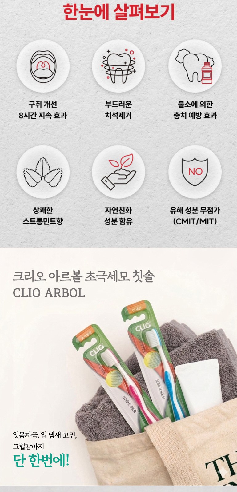 프리미엄 초극세모 아르볼 칫솔 + 쿨맥스 민트 치약 + 치실 2개 + 휴대용케이스 상세 이미지